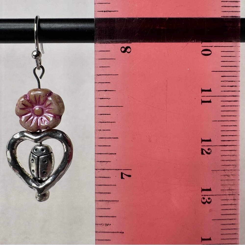 Hand Crafted Ladybug in Heart & Czech Glass Flower Dangle Earrings 1 1/2” NWT - Picture 9 of 12